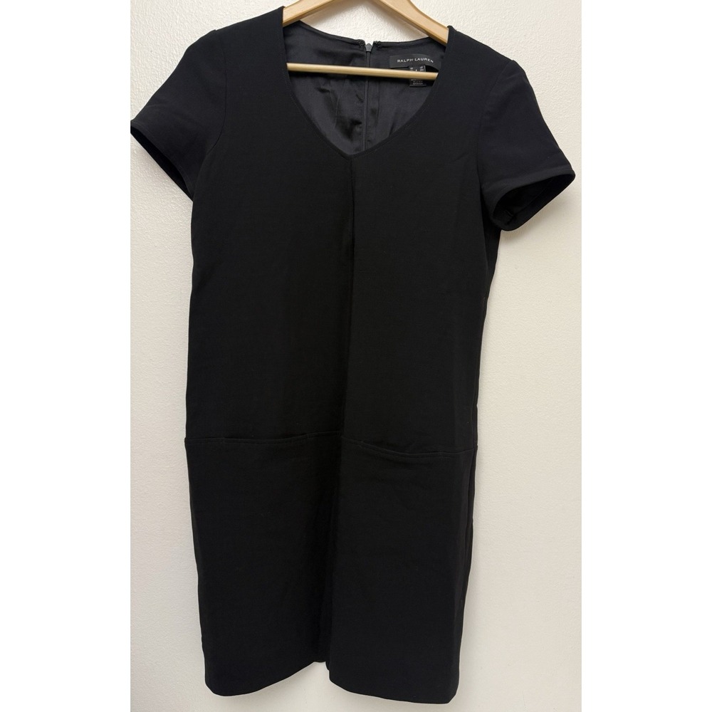 Ralph Lauren Black Label Wool‎ Black V-Neck Dress Pockets Lined Women's 8 Career